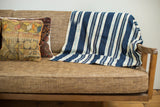 Collectible vintage hand woven Indigo Stripe Throw featuring blue and cream stripes.