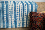 Visible texture and intricate hand-dyed patterns of the vintage indigo African textile.
