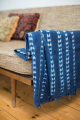 Frayed edge and distinctive pattern of the vintage Batik indigo throw.