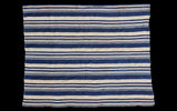 Visible handwoven texture of vintage indigo blue and natural beige stripe textile.
