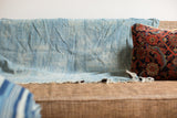 Vintage indigo throw, hand woven cotton textile with soft blue tones and vertical detailing, 3.5x6.5