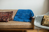 Hand-woven vintage indigo blue throw with subtle crosshatch pattern and fringed edges, 3.5x6.5.