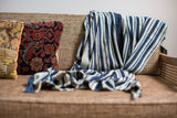 Collectible vintage hand woven indigo stripe cotton throw, supple texture, 3'5