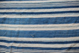 Hand-woven indigo striped textile close-up, showing subtle dye nuances and textured cotton weave.