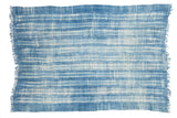 Collectible hand woven African indigo textile with ivory and blue horizontal stripes, fringed.