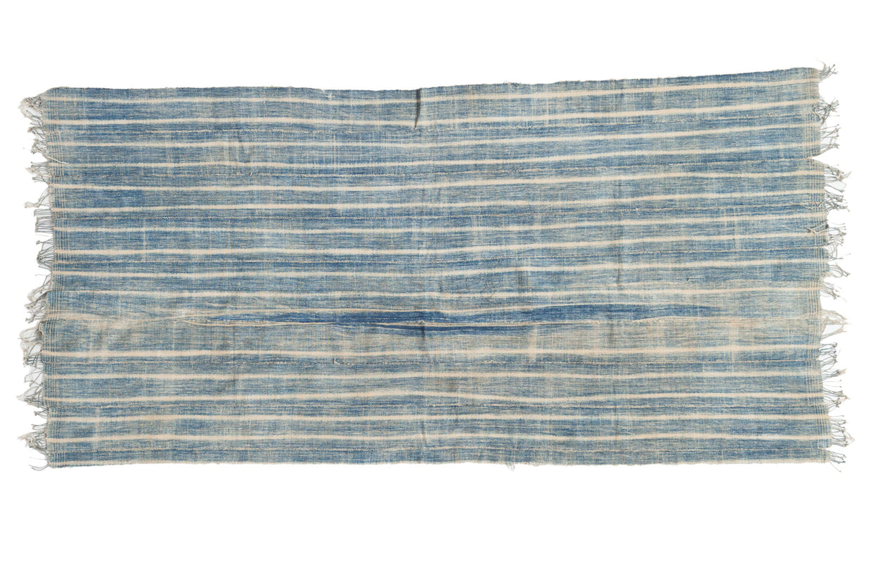 Collectible vintage African indigo throw, hand woven with irregular blue and ivory stripes, 3x6.