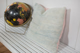 Vintage Faded Powder Blue Indigo Pillow, textured, soft pink linen side, 20x20 inches.