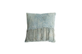 Vintage Light Blue Indigo Pillow with sun-faded texture and long tassels.