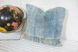 Vintage Light Blue Indigo Pillow with sun-faded textile and short tassels, 18x18 inches.