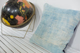 Vintage light blue sun-faded African indigo pillow with reclaimed textile panels, 16x16.