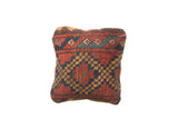 Handmade antique Afghani rug fragment pillow, rich red, navy, gold diamond pattern.