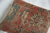 Antique Heriz Rug Fragment Pillow, rust red, muted blue, beige geometric pattern, perfect wear.