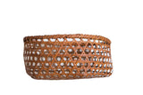 Dainty vintage Japanese hand-woven basket, open hexagonal weave in natural tan, 6x14 inches.