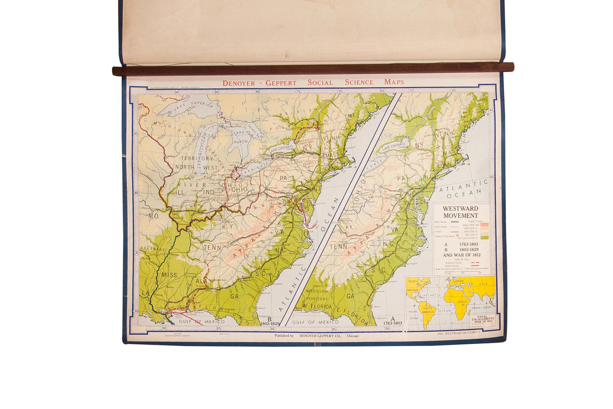 Vintage Denoyer-Geppert pull-down map of the U.S. Westward Movement with green territories.