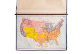 Vintage Denoyer Geppert Social Science USA map with colorful territories and walnut rod. 44x32.