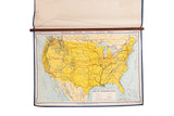 Vintage 1967 Denoyer Geppert map of USA, yellow land, blue water, on walnut rod.