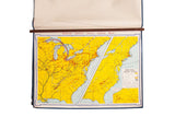 Vintage Denoyer Geppert Industrial United States map, yellow, blue, with walnut rod.