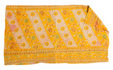 Vibrant yellow hand-stitched Vintage Indian Kantha quilt with floral and vine patterns.