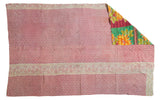 Vintage Indian Kantha quilt, pink patterned, hand-stitched, with vibrant floral reverse, 4'3