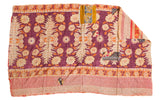 Vibrant hand-stitched Kantha quilt featuring a maroon, cream, and orange floral design, 3'5