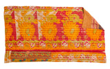 Vibrant vintage Indian Kantha quilt with large orange-yellow flowers on red, double-sided.