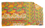 Vibrant vintage Indian Kantha Quilt, hand-stitched with red, green, yellow floral-bird motifs, 3'10