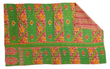 Vibrant green, red, and yellow floral vintage Kantha quilt, hand-stitched and reversible.