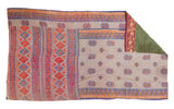 Vibrant hand-stitched Vintage Indian Kantha Quilt with colorful patterns and green reverse, 3'8