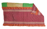 Vintage Indian Kantha Quilt with vibrant red, green, gold patchwork, hand-stitched, 3'9
