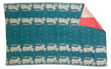 Vintage Indian Kantha quilt, teal hand-stitched with motorcycle pattern, double-sided, 4'x6'8