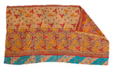 Double-sided vintage Indian Kantha Quilt, hand-stitched with vibrant floral designs, 3'8