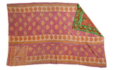 Vibrant vintage Indian Kantha quilt, pink and orange leaf pattern, green reverse, 4'9