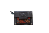 Handmade coin purse with colorful geometric rug fragment and black leather, 5x4 inches.