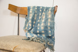 Collectible hand woven African Indigo Throw with resist-dyed cream geometric patterns and fringed edges, 37x65.
