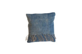 African Indigo handmade pillow, sun-faded blue vintage textile, textured with fringe.