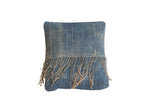 Vintage African indigo handmade pillow, sun-faded blue textile with natural fringe, 12x12 inches.