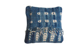 Vintage African Indigo pillow, sun-faded blue textile, white tie-dye patterns and fringe, 12x12.