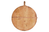 Vintage wooden pizza board top, rustic handle, natural wood grain, and aged patina.