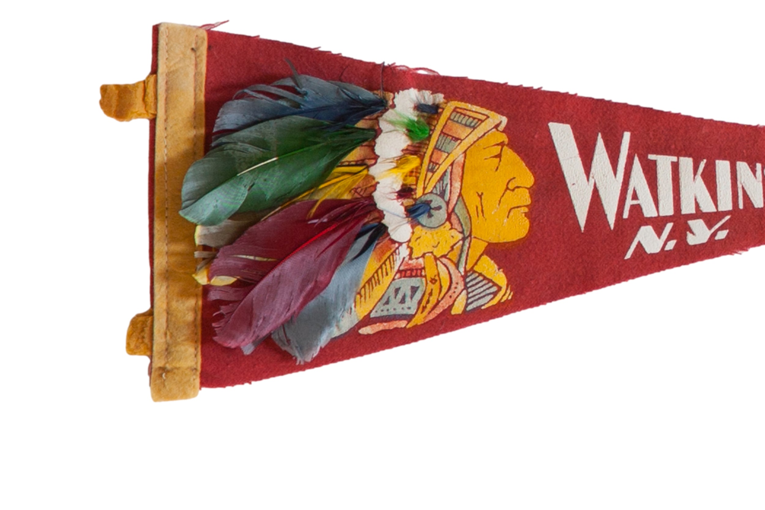 Close view of the Watkins Glen flag showing the chief's headdress with real, multi-colored feathers.