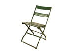 Dark green vintage French cafe chair with an aged metal frame and wooden seat slats.