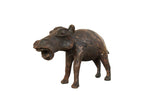 Vintage African copper hippo sculpture with detailed texture and expressive open mouth, 7.5 inches long.