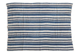 Hand woven indigo African textile throw with varying blue and cream stripes, 3'7