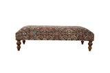 Antique Persian Fereghan rug ottoman coffee table, navy, saffron, and ivory allover pattern, wood legs.