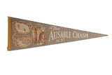 Vintage Ausable Chasm N.Y. felt flag pennant in taupe with three scenic illustrations.