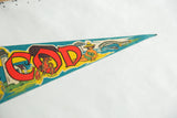 Vintage Cape Cod felt pennant with vibrant red 'COD', lobster, beach, and bridge details.