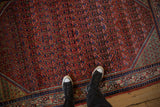 Looking down at the dense germinating plant motif in cherry red and navy on a vintage Sarouk rug.