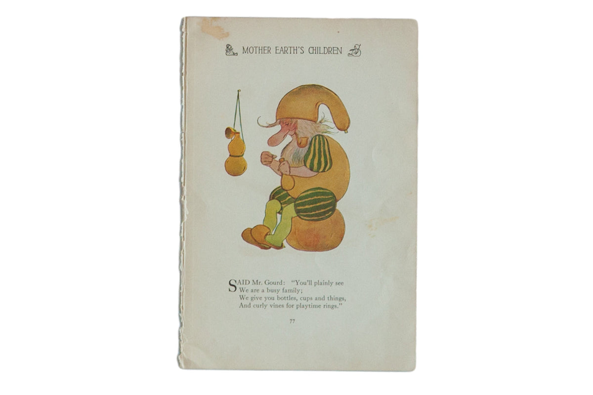 Antique 1914 lithograph from Mother Earth's Children showing a whimsical Mr. Gourd character.