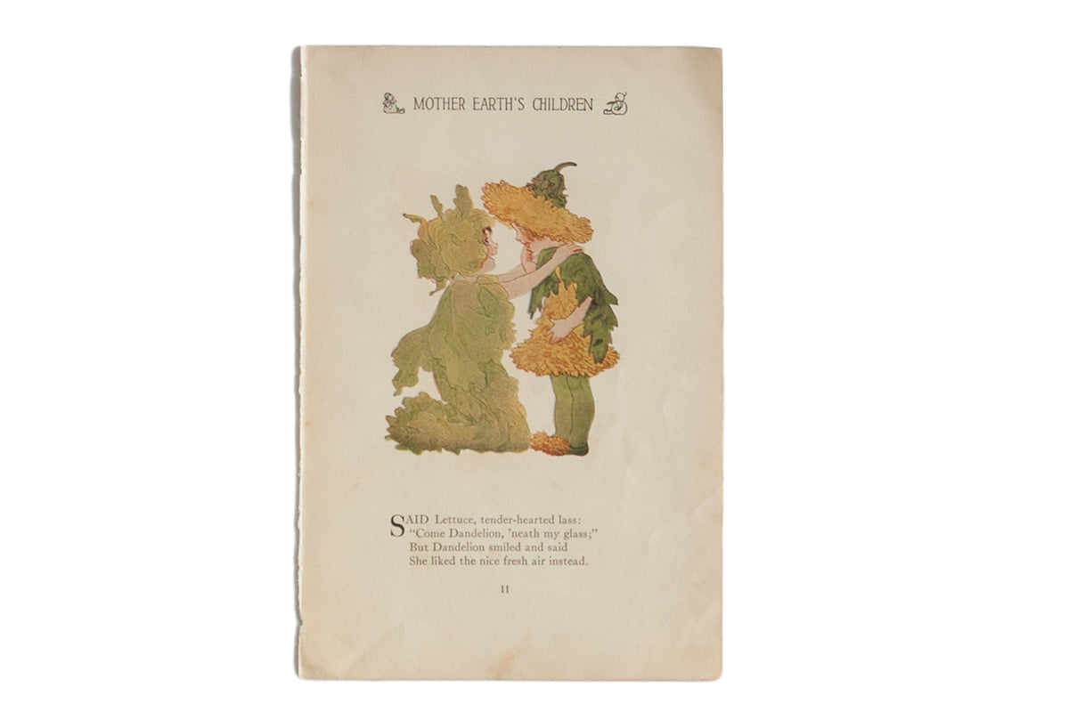 An antique M.T. Ross book page from 1914 showing Lettuce and Dandelion characters.
