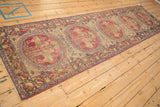 Elevated view of the entire antique Kerman runner showing its column of pictorial roundels.