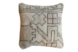 Vintage Turkish Oushak fragment pillow, geometric light gray with faded purple-pink and mint.